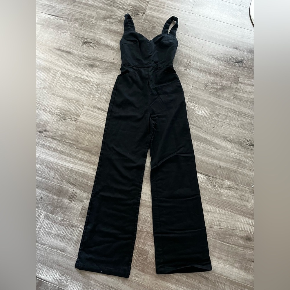 Reformation Black Jumpsuit body-hugging , sweetheart neckline, 4
